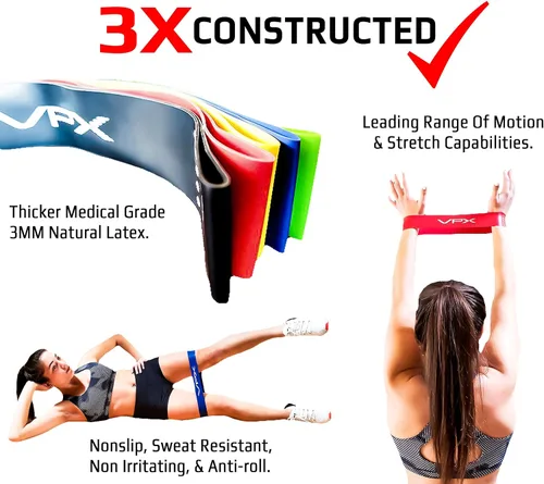 Vista 2 de VPX Bandas de ejercicio de resistencia Juego de 5 Hombres y mujeres No rozaduras, látex natural, no irritante Accesorios de entrenamiento