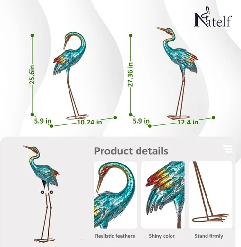 Vista 3 de Natelf Estatuas de grúa para decoración de jardín, esculturas de garza azul, esculturas de césped de pájaros grandes de metal y estatua