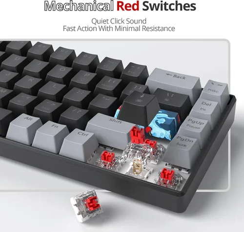 Vista 3 de Teclado mecánico 65% de 68 teclas con cable para juegos con interruptor rojo, efecto de iluminación RGB, teclas PBT, mini teclado ultracompacto