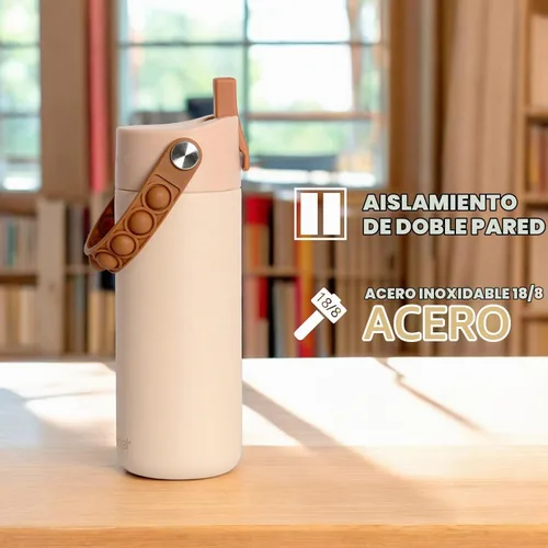 Vista 7 de Elemental Botella de agua aislada para niños, botella de agua de acero inoxidable con tapa de popote y asa Pop-it, botellas de agua a prueba
