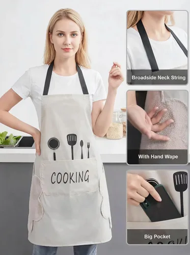 Vista 2 de Paquete de 2 delantales de cocina con toallita de mano, resistente a las gotas de agua con 2 bolsillos, delantales de cocina para mujeres y hombres