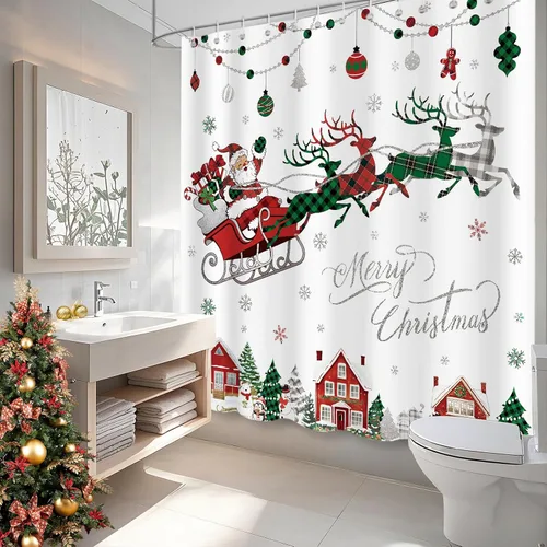 Vista 4 de APROPHIC Cortina de ducha de Feliz Navidad, cortina de ducha de búfalo rojo y verde, a cuadros, Papá Noel, trineo, reno, copo de nieve, para baño