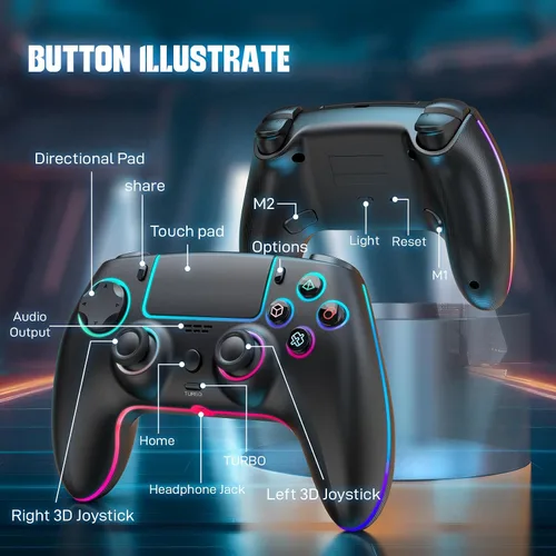 Vista 6 de ewnol Controller for PS4SlimProNintendo SwitchPC, Cool RGB Gamepad with Dual VibrationMotion Sensor9 Adjustable LED ColorsTURBOProgram Buttons