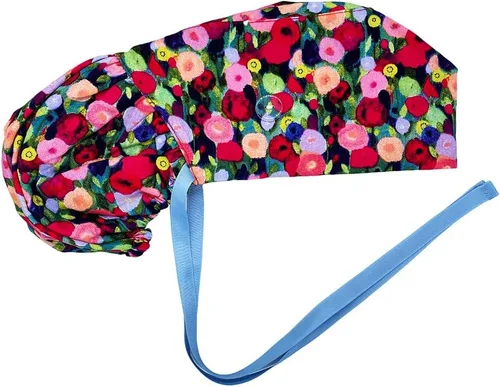 Vista 15 de Gorra médica con interior sedoso, gorro de algodón con banda para el sudor y botones, cola de caballo ajustable