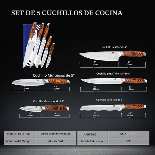 Vista 3 de MSY BIGSUNNY Juego de cuchillos de cocina de 5 piezas, cuchillo de cocina profesional alemán de acero inoxidable, serie Tang