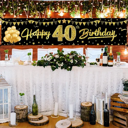 Vista 4 de Cartel decorativo de cumpleaños número 40 para hombres y mujeres, suministros de fiesta de letrero negro y dorado de 40 años, decoración de fiesta