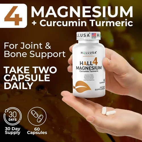 Vista 4 de HALL4 Magnesio 60 cápsulas – 4 complejos de magnesio malato, aspartato, taurato, bisglicinato y curcumina cúrcuma – energía, función muscular, salud