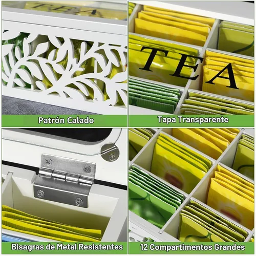Vista 8 de Organizador de caja de té de madera, almacenamiento de bolsa de té