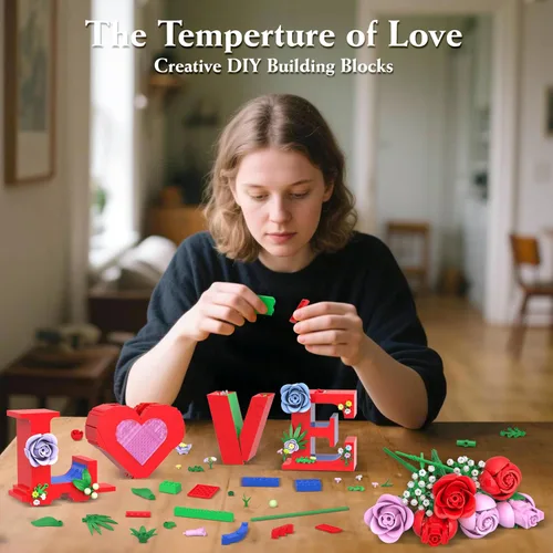 Vista 2 de QIFUN Juego de construcción de florero de corazón romántico de amor, 1216 piezas de ramo de flores de rosas para adultos, regalos creativos