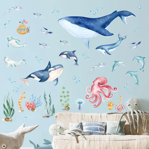 Vista 3 de wondever Calcomanías de pared con diseño de ballena marina y delfín