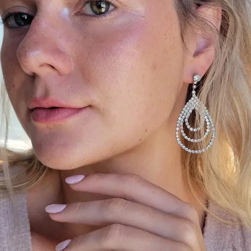 Vista 2 de Pendientes largos de plata con diamantes de imitación, pendientes de lágrima para novia, joyería de boda