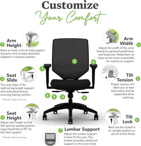 Vista 5 de HON Solve - Silla de oficina ergonómica, soporte de malla con respaldo de malla, soporte lumbar ajustable, brazos ajustables en altura, marco