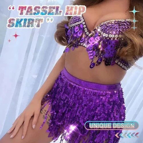 Vista 6 de REETAN Falda Boho para danza del vientre con lentejuelas, mascada de cadera con flecos y borlas falda para fiestas, bailes,actuaciones y disfraces