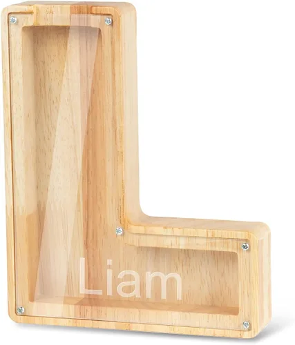 Vista 21 de Alcancía con nombre personalizado, 26 letras láser con texto personalizado, banco de monedas de madera, significado educativo, alcancía con nombre
