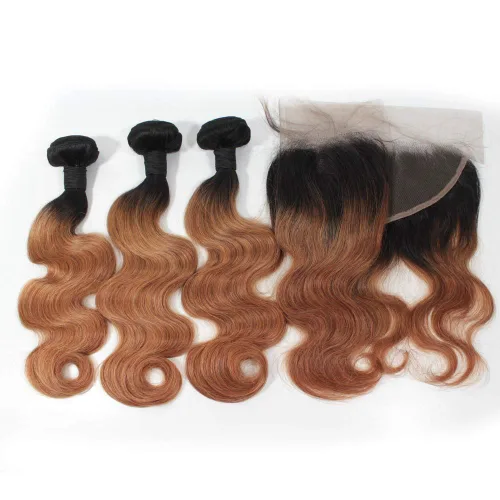 Vista 7 de 1B/27 rubio ombre brasileño virgen paquetes con cierres 4pcs lote cuerpo onda 12 con 10 pulgadas ombre encaje cierre con teje pelo