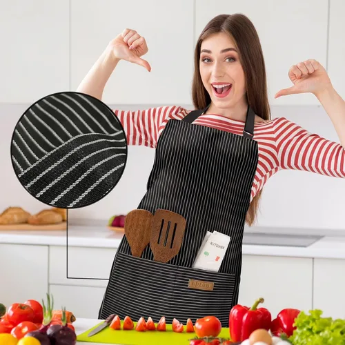 Vista 4 de BeLuyi Paquete de 2 delantales ajustables con 2 bolsillos para cocinar, cocina, restaurante, delantales para mujeres y hombres
