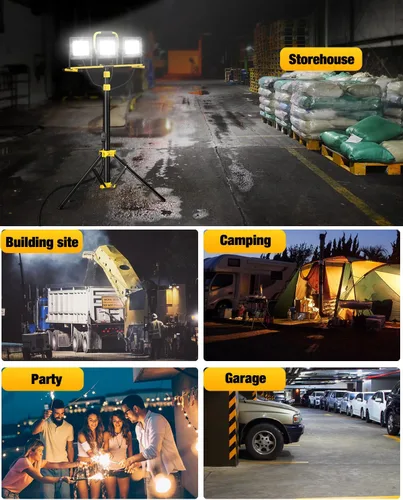 Vista 7 de Luces de trabajo LED mejoradas con soporte, 21000 lúmenes, luz de trabajo ajustable de 3 cabezales, trípode plegable impermeable, cable extendido