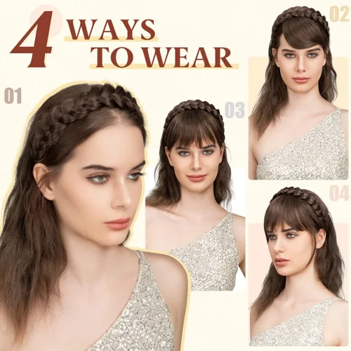 Vista 2 de SARLA Diadema trenzada con 3 flequillos desmontables con clips, extensiones de cabello con flequillo para mujer, banda de cabello sintética falsa