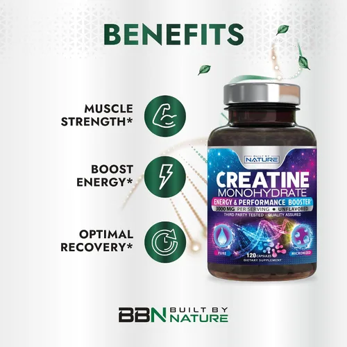 Vista 4 de Built by Nature Píldoras de monohidrato de creatina, suplemento de creatina micronizada para hombres y mujeres, fuerza muscular, energía
