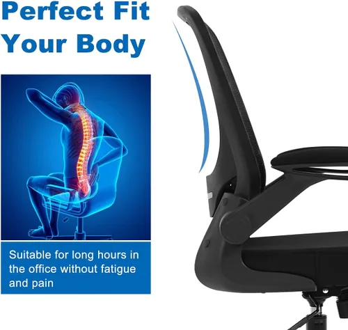 Vista 5 de Silla de oficina en casa, silla de escritorio ergonómica con soporte lumbar ajustable y reposabrazos abatibles, silla de computadora de malla