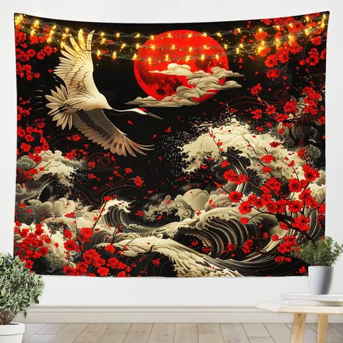 Vista 8 de Erosebridal Arte de pared de dragón oriental para colgar en la pared, estilo japonés, montaña, mar, océano, decoración de pared, tapiz impreso