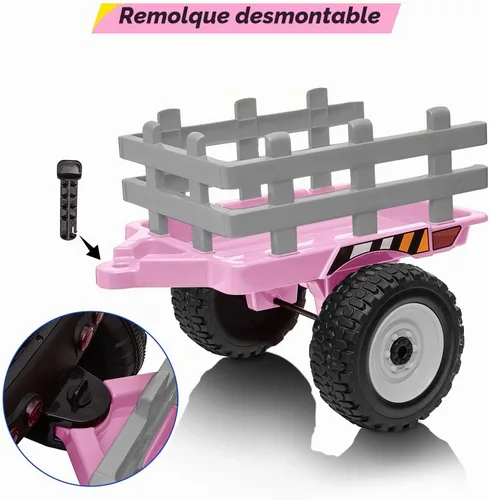 Vista 4 de Nasitip Tractor eléctrico con batería de 12 V con remolque y control remoto Rosa