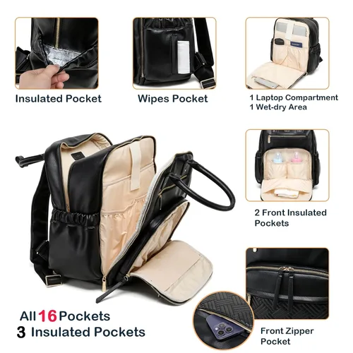 Vista 3 de Mochila de cuero para pañales para mujer con múltiples bolsillos, compartimento para laptop y cambiador.
