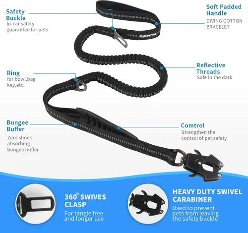 Vista 3 de Correa táctica resistente para perro de 4 a 6 pies, elástica reflectante con clip de rana, dos asas acolchadas para perros grandes, cinturón