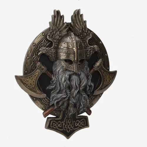 Vista 3 de Veronese Design 10 5/8" escultura de Valhalla de la placa de pared vikinga resina bronceada fundida en frío