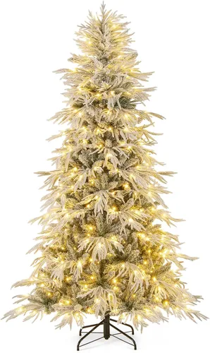 Vista 14 de Goplus Árbol de Navidad artificial preiluminado de 4.5 pies con nieve, árbol de Navidad completo con bisagras con 160 luces LED multicolores, 8