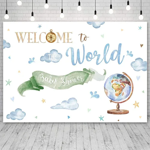 Vista 2 de Fondo de bienvenida al mundo de 7 x 5 pies, tema de aventura mundial, decoración de baby shower, fotografía en acuarela, fondo para sesión de fotos