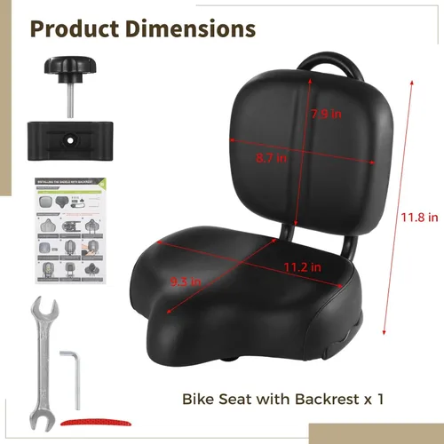 Vista 4 de Asiento de bicicleta con respaldo, asiento de bicicleta extra ancho con soporte trasero, asiento de bicicleta extragrande con cojín acolchado