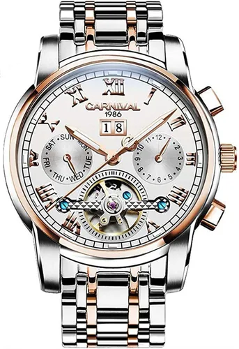 Vista 8 de Carnival Reloj mecánico automático para hombre tourbillon Relojes azules multifunción de acero inoxidable plateado Oro rosa/Negro