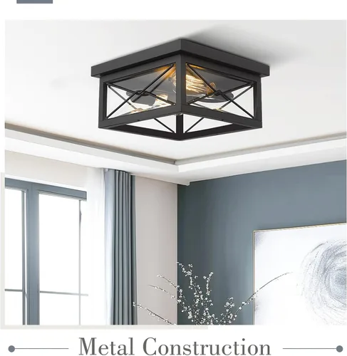 Vista 4 de Emliviar, lámpara de techo para interiores y exteriores, 0387B-CL Farmhouse metal cage with clear glass shade; 2 E26 bulbs; for kitchen, hallway