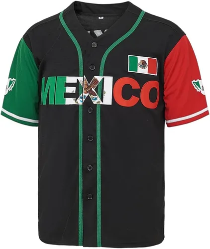 Vista 2 de Men's #56#1 Mexico Jersey Button Down Short Sleeve Hipster Hip Hop Baseball Jersey