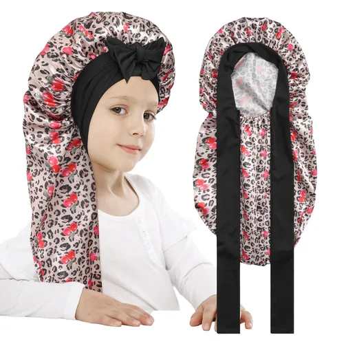 Vista 20 de AWAYTR Gorro de satén para niñas con trenzas de pelo largo para dormir Negro