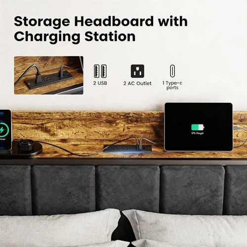 Vista 4 de Liians Base de cama LED de tamaño matrimonial con estación de carga y cabecera de almacenamiento, plataforma de metal, no necesita somier, fácil