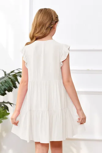 Vista 3 de Mafulus Vestido de manga con volantes para niñas, cuello en V, botones, escalonado, acampanado, vestido de verano para la playa, 5-14T