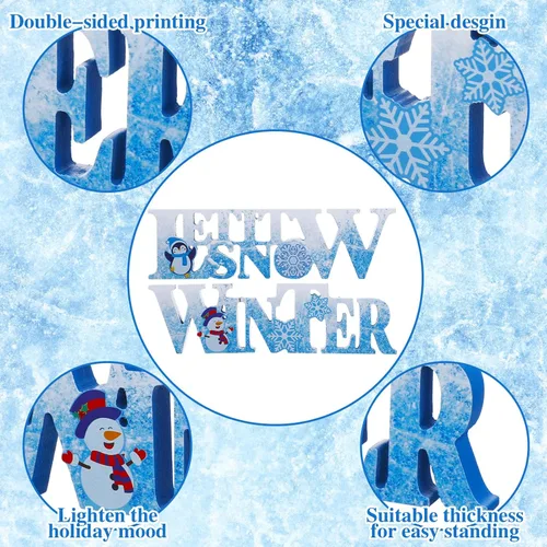 Vista 4 de Jetec 2 Piezas Invierno LED Copos de Nieve Centro de Mesa de Nieve Muñecos de Nieve Madera Señal Iluminada Adorno para Decoración de Bandeja