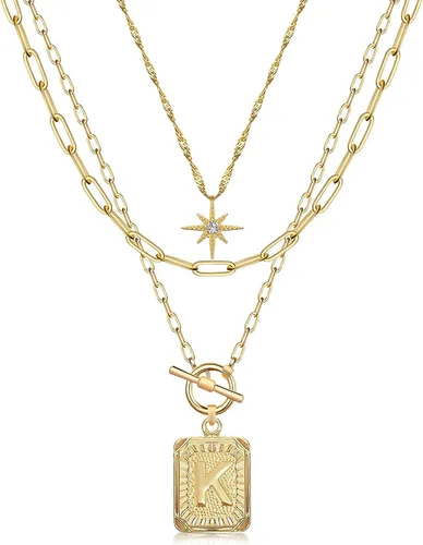 Vista 23 de MJartoria Collares con iniciales en capas para mujer, modernos, chapados en oro de 14 quilates, cadena de papel, collar sencillo con dije de Dorado