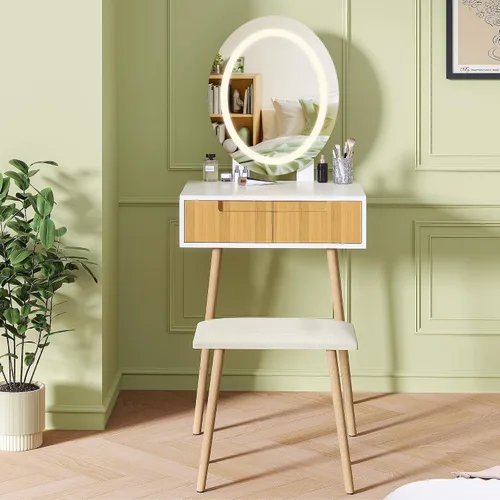 Vista 6 de Tocador pequeño con espejo y luces, tiradores de madera con taburete acolchado, 3 modos de iluminación, mesa redonda de maquillaje con rieles