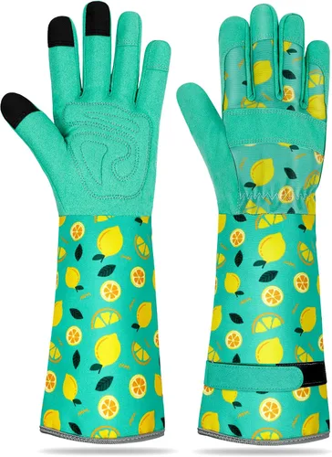 Vista 17 de Guantes largos de jardinería para mujer, guantes de cuero a prueba de espinas, guantes de trabajo transpirables para mujeres, patio, exteriores