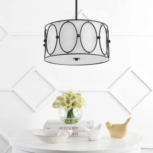 Vista 6 de JONATHAN Y Lámpara colgante de 3 luces LED de bronce aceitado/blanco de 19 pulgadas, lámpara colgante moderna con pantalla de tambor de lino blanco