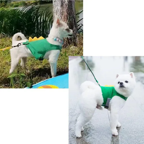 Vista 2 de Juego de arnés y correa para perro con forma de dinosaurio, arnés de chaleco verde con cuerda para caminar, chaleco cómodo sin tirones para mascotas