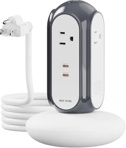 Vista 11 de MiaoLab Torre de regleta de alimentación con 2 puertos USB-C (carga rápida de 30 W), protector de sobretensiones 1420J, 4 salidas de CA, cable