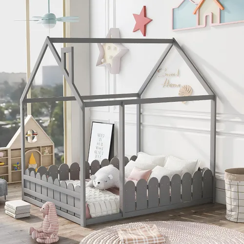 Vista 10 de Merax House Bed Twin Size Wood Bed Frame with Roof and Fence for Girls, Boys, Weight Capacity No Limit (Espresso)