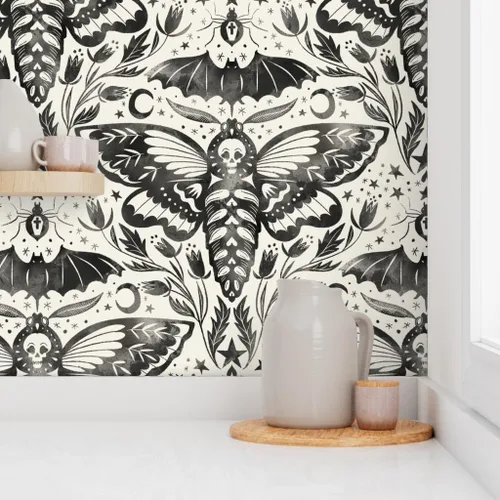 Vista 8 de Muestro de papel tapiz extraíble – Acuarela Cráneo Polilla Damasco Negro Blanco Flor Estrellas Elegante Tinta Magia Papel pintado personalizado