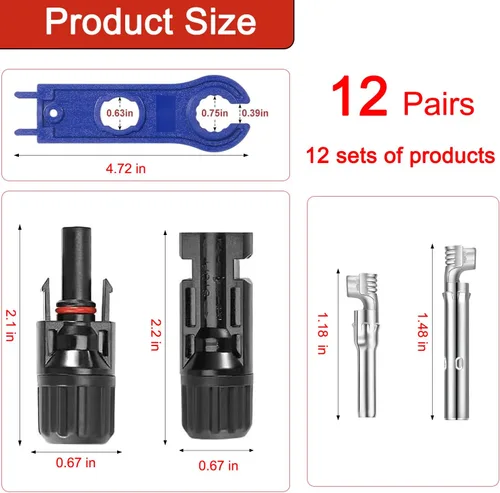 Vista 2 de Kit de 24 conectores de panel solar MC4, 12 pares macho/hembra con 2 llaves, conectores solares impermeables IP67 de 1000 V/30 A (10 AWG)