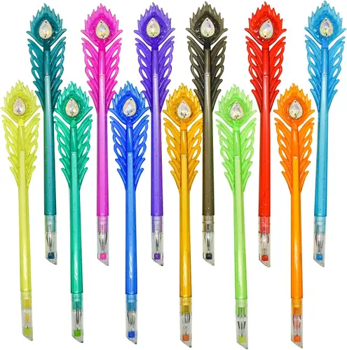 Vista 6 de 12 bolígrafos coloridos de plumas de pavo real, bolígrafos de gel de colores con puntas de cabeza de diamante, 24 repuestos, tinta brillante