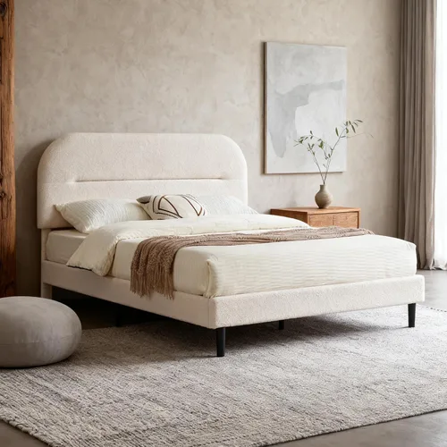 Vista 8 de Furnify Marco de cama tamaño individual, marco de cama tapizado de tela suave con cabecera ajustable, marco de cama de plataforma con esquinas Beige
